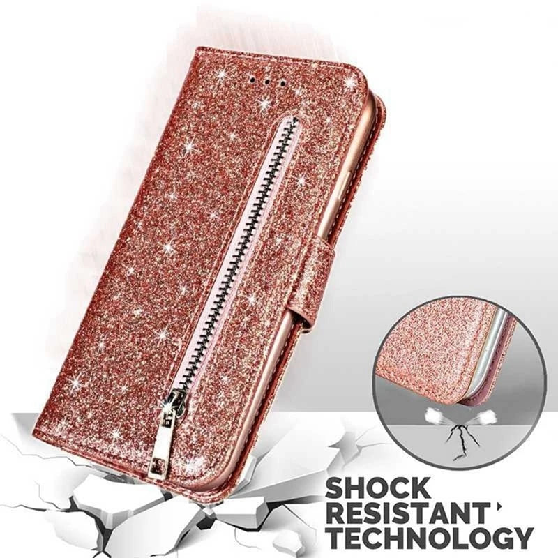 Wallet Glitter Zipper Flip Leather Case For Samsung Galaxy S25 Edge S24 S23 S22 Ultra S21/S20 FE A15 A16 A17 A35 A36 A54 A55 A56