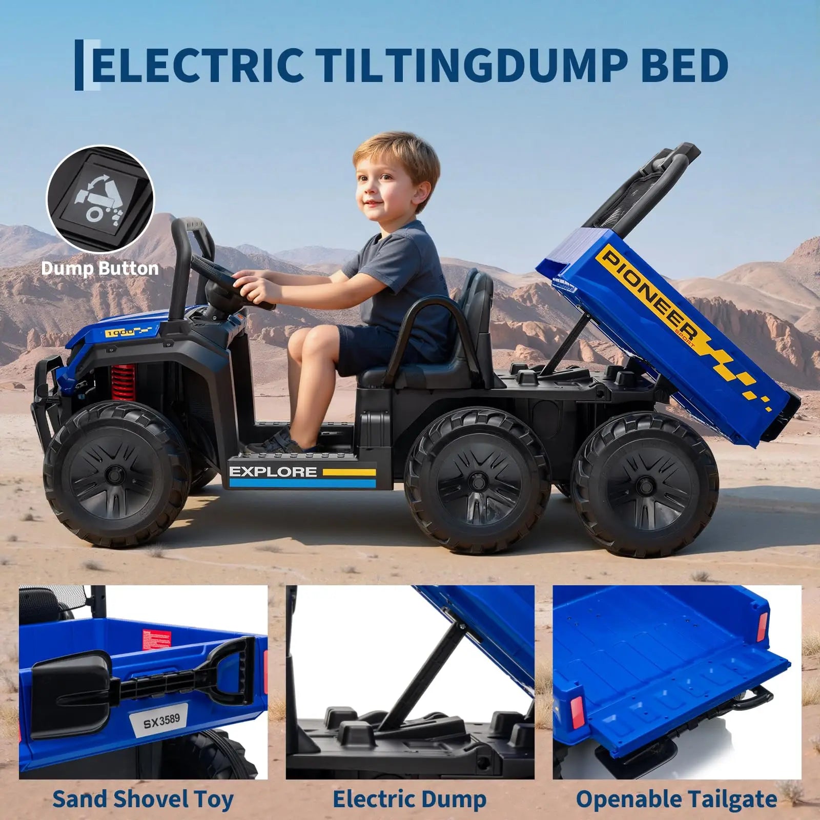 24V 2 Seater Kids Ride on Toy, 4WD 3 Speeds Electric Dump Truck With Remote Control For Children 4-8