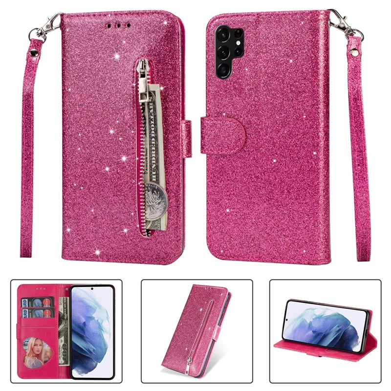 Wallet Glitter Zipper Flip Leather Case For Samsung Galaxy S25 Edge S24 S23 S22 Ultra S21/S20 FE A15 A16 A17 A35 A36 A54 A55 A56