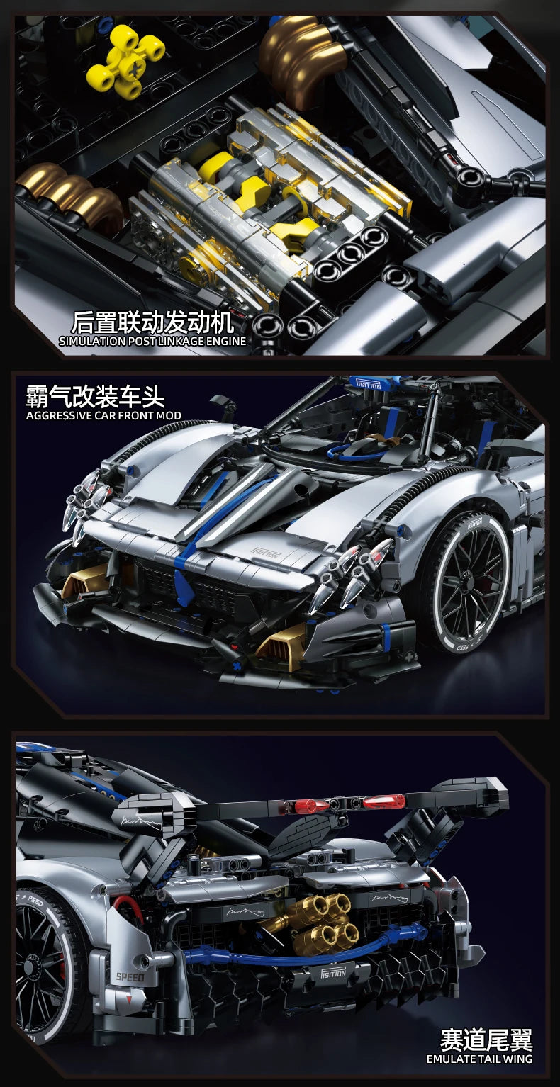 TOYLINX 3526pcs Silver-Blue Technic Racing Sports Car Building Blocks Set 1:8 Scale Super Sports Car Model Ideal Bricks Boy Gift