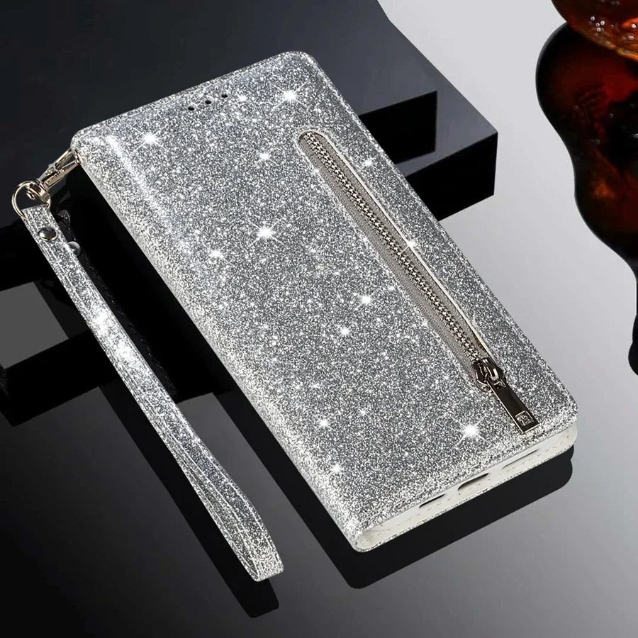 Wallet Glitter Zipper Flip Leather Case For Samsung Galaxy S25 Edge S24 S23 S22 Ultra S21/S20 FE A15 A16 A17 A35 A36 A54 A55 A56