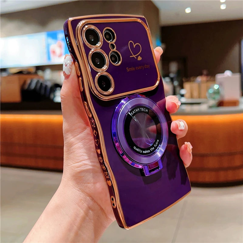 Rotatable Magnetic Kickstand Silicone Phone Case For Samsung S26 Ultra S25Edge S24/23FE S22 Plus Electroplating Love Heart Shell