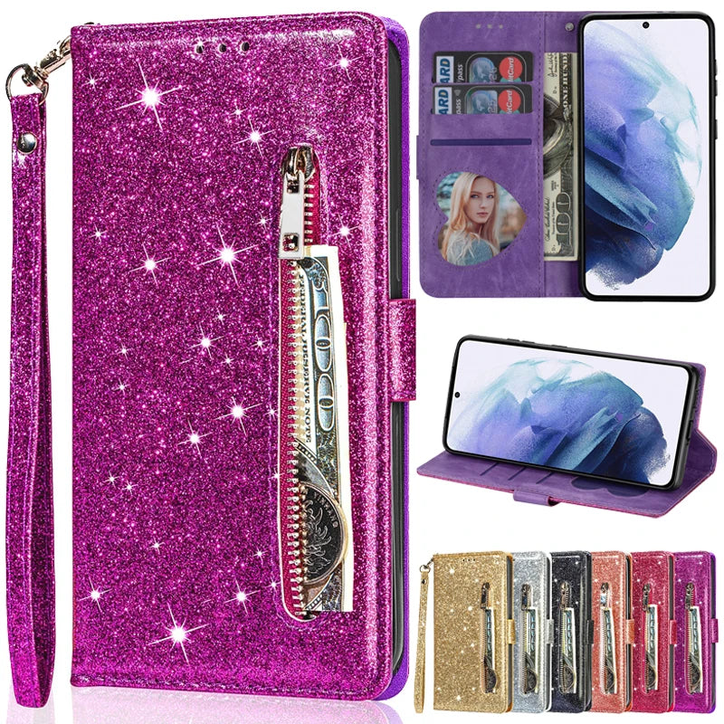 Wallet Glitter Zipper Flip Leather Case For Samsung Galaxy S25 Edge S24 S23 S22 Ultra S21/S20 FE A15 A16 A17 A35 A36 A54 A55 A56