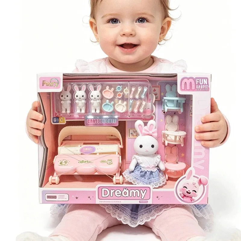 Dollhouse Furniture Miniature Bunny Nursery Pretend Play Set with Dolls & Stroller Kids Role Play Toy Toddlers Birthday Gifts