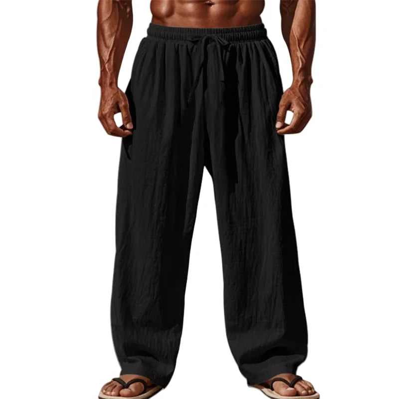 2025 New Men Cotton and Linen Casual Pants Simple and Comfortable Straight Leg Pants Waist Drawstring Plus Size Looser S-4XL
