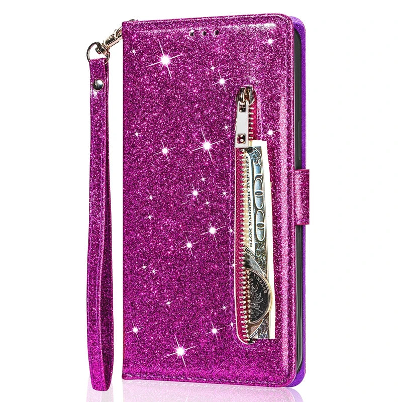 Wallet Glitter Zipper Flip Leather Case For Samsung Galaxy S25 Edge S24 S23 S22 Ultra S21/S20 FE A15 A16 A17 A35 A36 A54 A55 A56