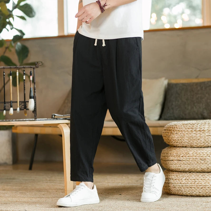 New Cotton Linen Mens Pants Casual Solid Color Breathable Streetwear Loose Straight Drawstring Baggy Lightweight Sport Pants