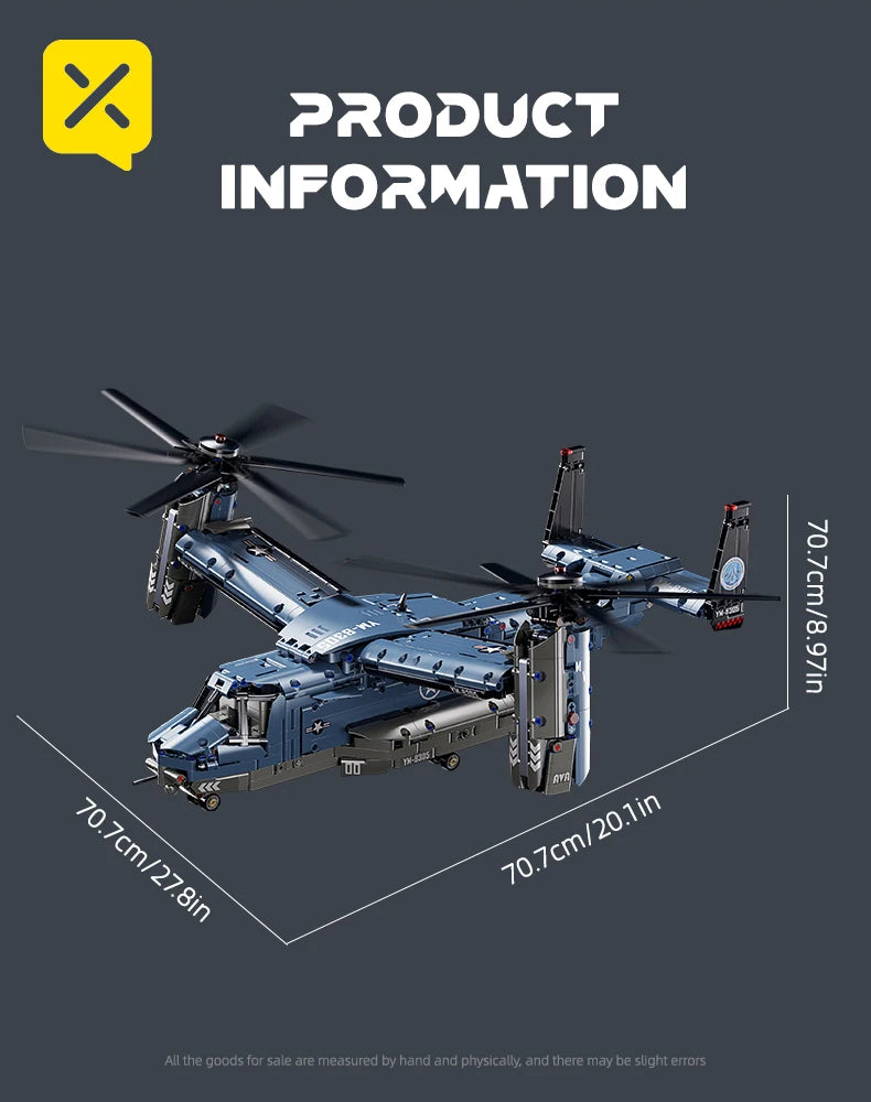 Military V-22 Osprey Tiltrotor Building Blocks Set Large Size High-Fidelity Sliding Roller Aircraft Model Propellers Bricks Toy