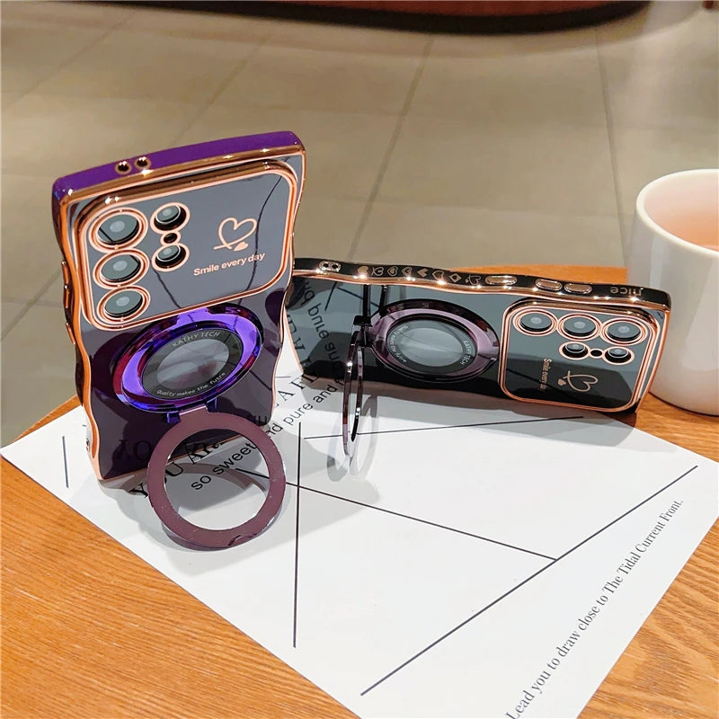 Rotatable Magnetic Kickstand Silicone Phone Case For Samsung S26 Ultra S25Edge S24/23FE S22 Plus Electroplating Love Heart Shell