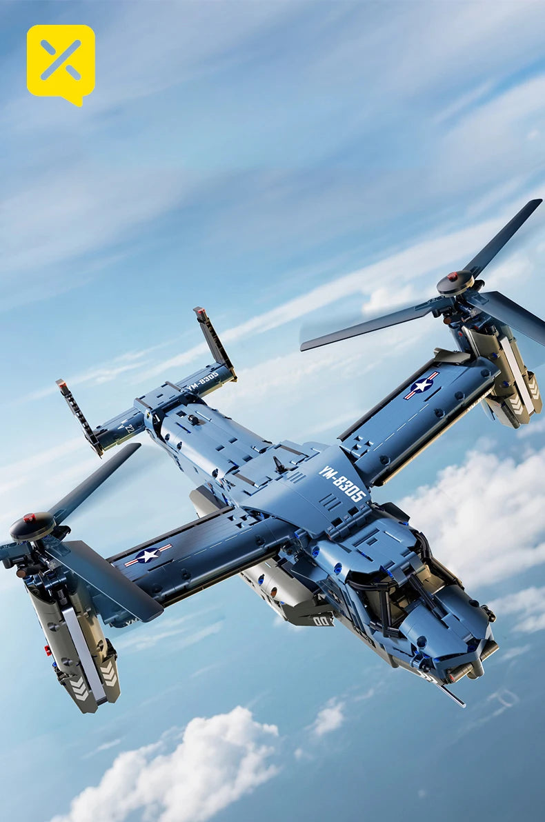 Military V-22 Osprey Tiltrotor Building Blocks Set Large Size High-Fidelity Sliding Roller Aircraft Model Propellers Bricks Toy