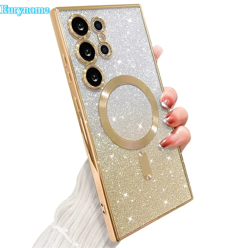 Sparkle Cover For Samsung Galaxy S25 S24 S23 Plus S22 S21 S20 FE S24FE S23FE S21FE Glitter S26 Ultra A56 A17 A57 Magnetic Case