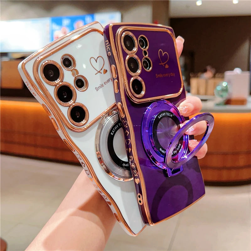 Rotatable Magnetic Kickstand Silicone Phone Case For Samsung S26 Ultra S25Edge S24/23FE S22 Plus Electroplating Love Heart Shell