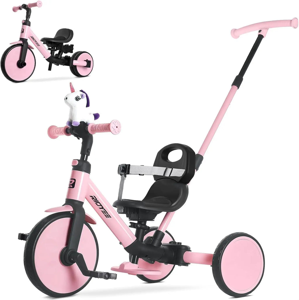 5-in-1 Convertible Kids Tricycle for Toddlers 1.5-3, Tool-Free Push Trike to Balance Bike with Safety Belt, Pink Ride-On Toy