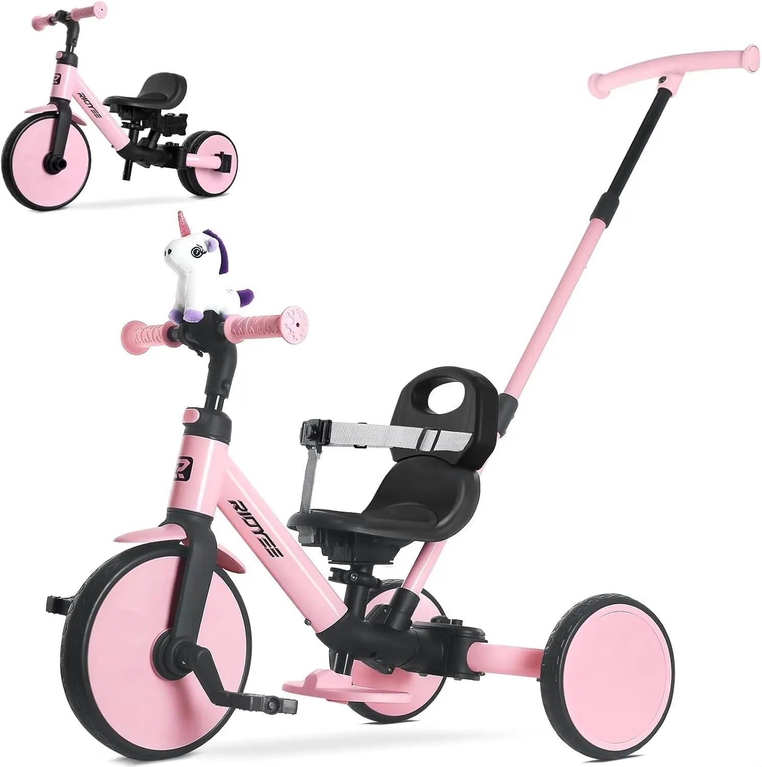 5-in-1 Convertible Kids Tricycle for Toddlers 1.5-3, Tool-Free Push Trike to Balance Bike with Safety Belt, Pink Ride-On Toy