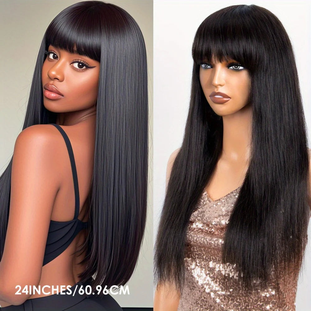 Straight Human Hair Wig Black Color Full Woven With Bangs 3x1 Lace Wig Straight Wigs Brazilian Full Machine Made Wigs For Women
