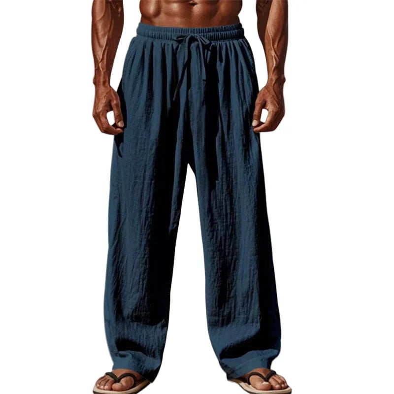 2025 New Men Cotton and Linen Casual Pants Simple and Comfortable Straight Leg Pants Waist Drawstring Plus Size Looser S-4XL