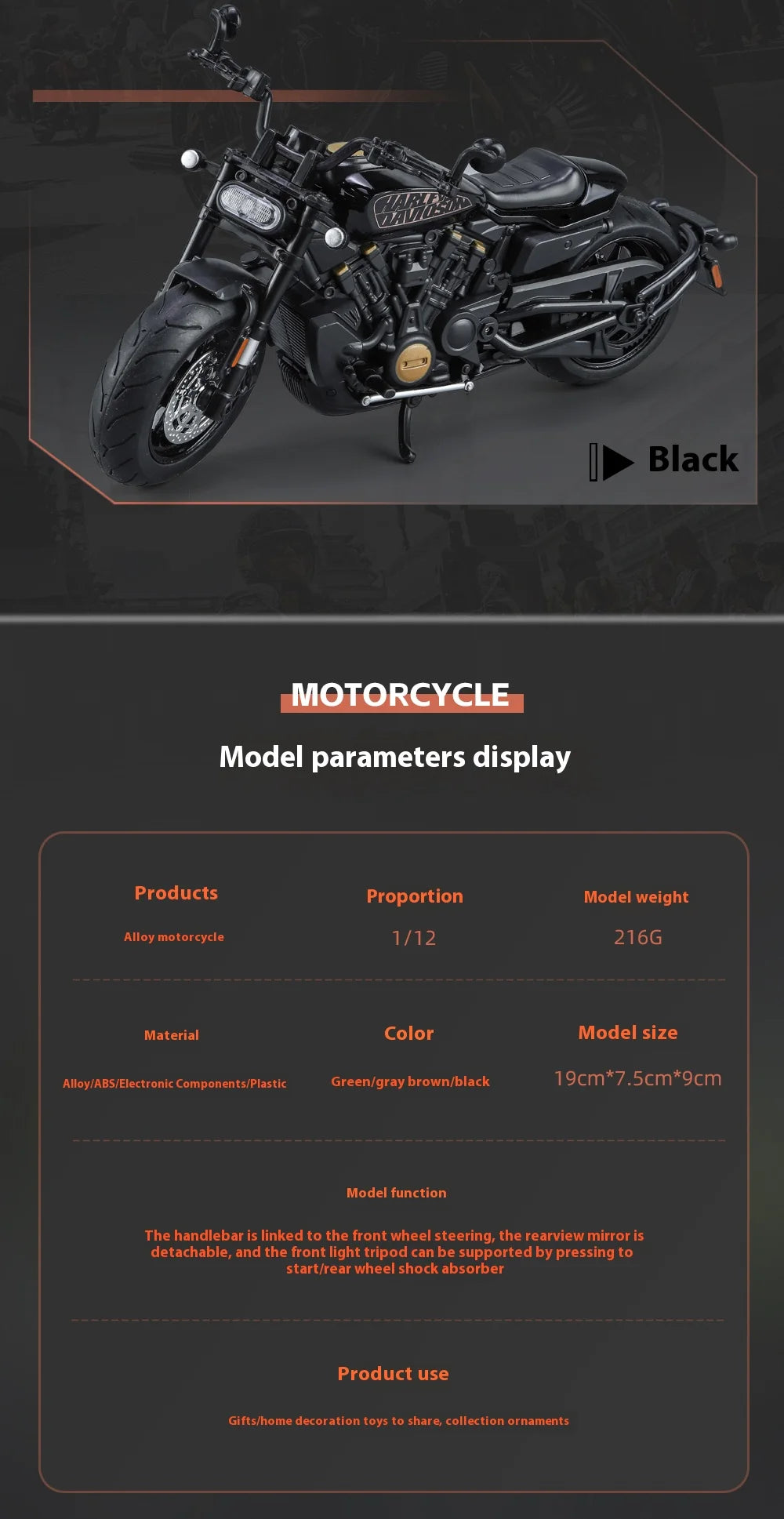 Simulation 1/12 Davidson SPORTSTER-S Off-road Alloy Motorcycle, Model Ornaments for Children Toys for Boys Holiday Gifts