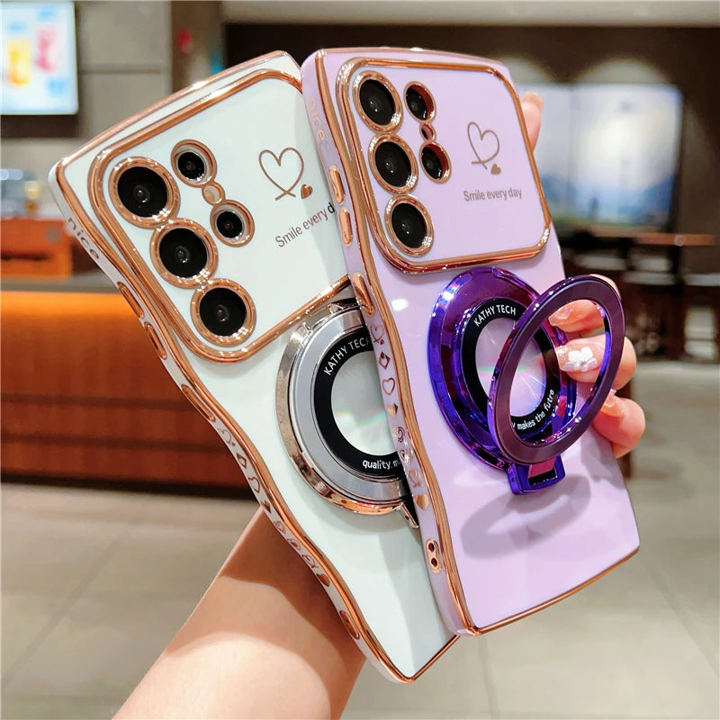 Rotatable Magnetic Kickstand Silicone Phone Case For Samsung S26 Ultra S25Edge S24/23FE S22 Plus Electroplating Love Heart Shell