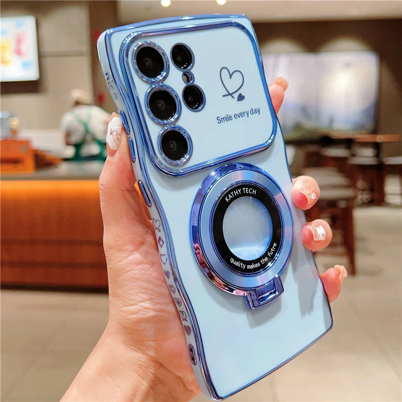 Rotatable Magnetic Kickstand Silicone Phone Case For Samsung S26 Ultra S25Edge S24/23FE S22 Plus Electroplating Love Heart Shell