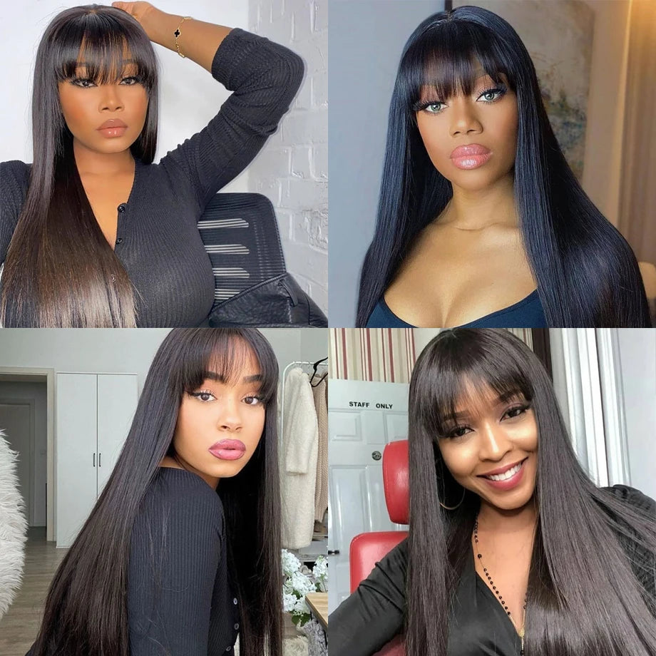 Straight Human Hair Wig Black Color Full Woven With Bangs 3x1 Lace Wig Straight Wigs Brazilian Full Machine Made Wigs For Women