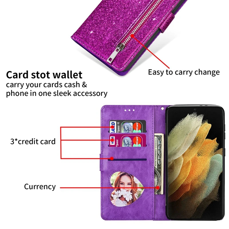 Wallet Glitter Zipper Flip Leather Case For Samsung Galaxy S25 Edge S24 S23 S22 Ultra S21/S20 FE A15 A16 A17 A35 A36 A54 A55 A56