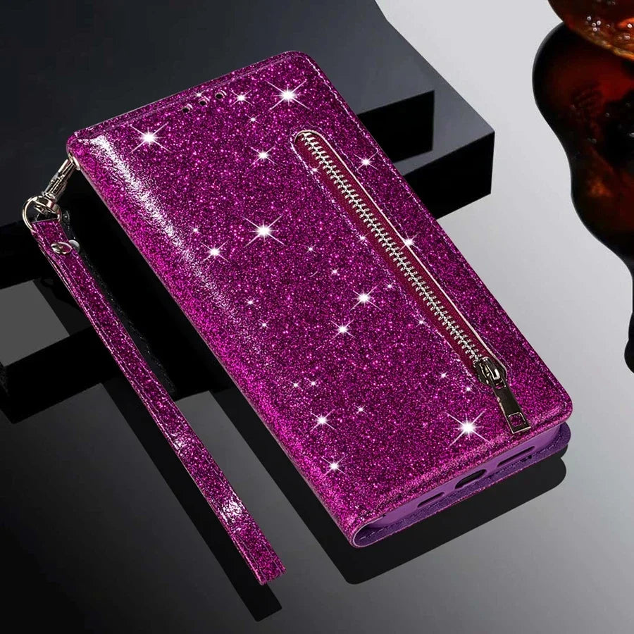 Wallet Glitter Zipper Flip Leather Case For Samsung Galaxy S25 Edge S24 S23 S22 Ultra S21/S20 FE A15 A16 A17 A35 A36 A54 A55 A56