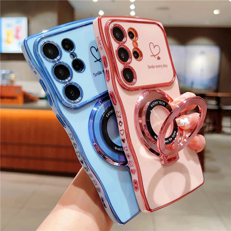 Rotatable Magnetic Kickstand Silicone Phone Case For Samsung S26 Ultra S25Edge S24/23FE S22 Plus Electroplating Love Heart Shell