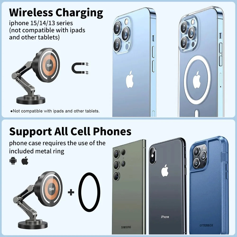 15W Magnetic Car Phone Holder Mount Wireless Charger Rotation Magnetic Car Phone Stand Fast Charging for IPhone 16 15 14 13 12