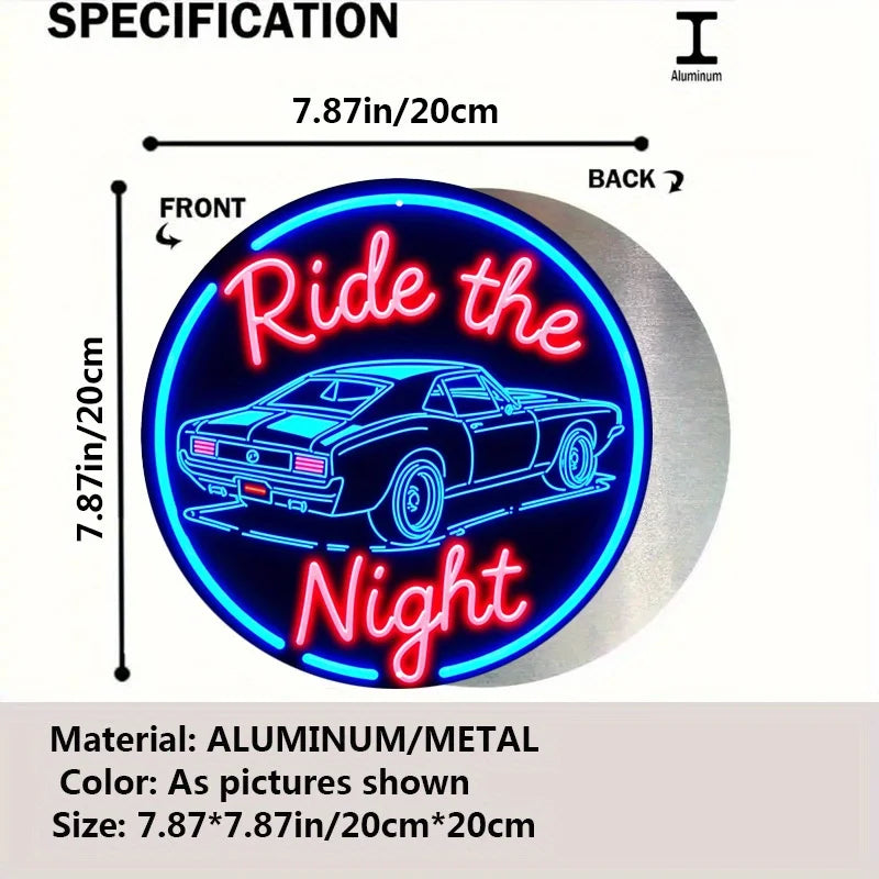 Vintage Muscle Car Neon Sign 7.8" Aluminum Wall Art - 'Night Ride' Blue & White Bar Cafe Beach Decor