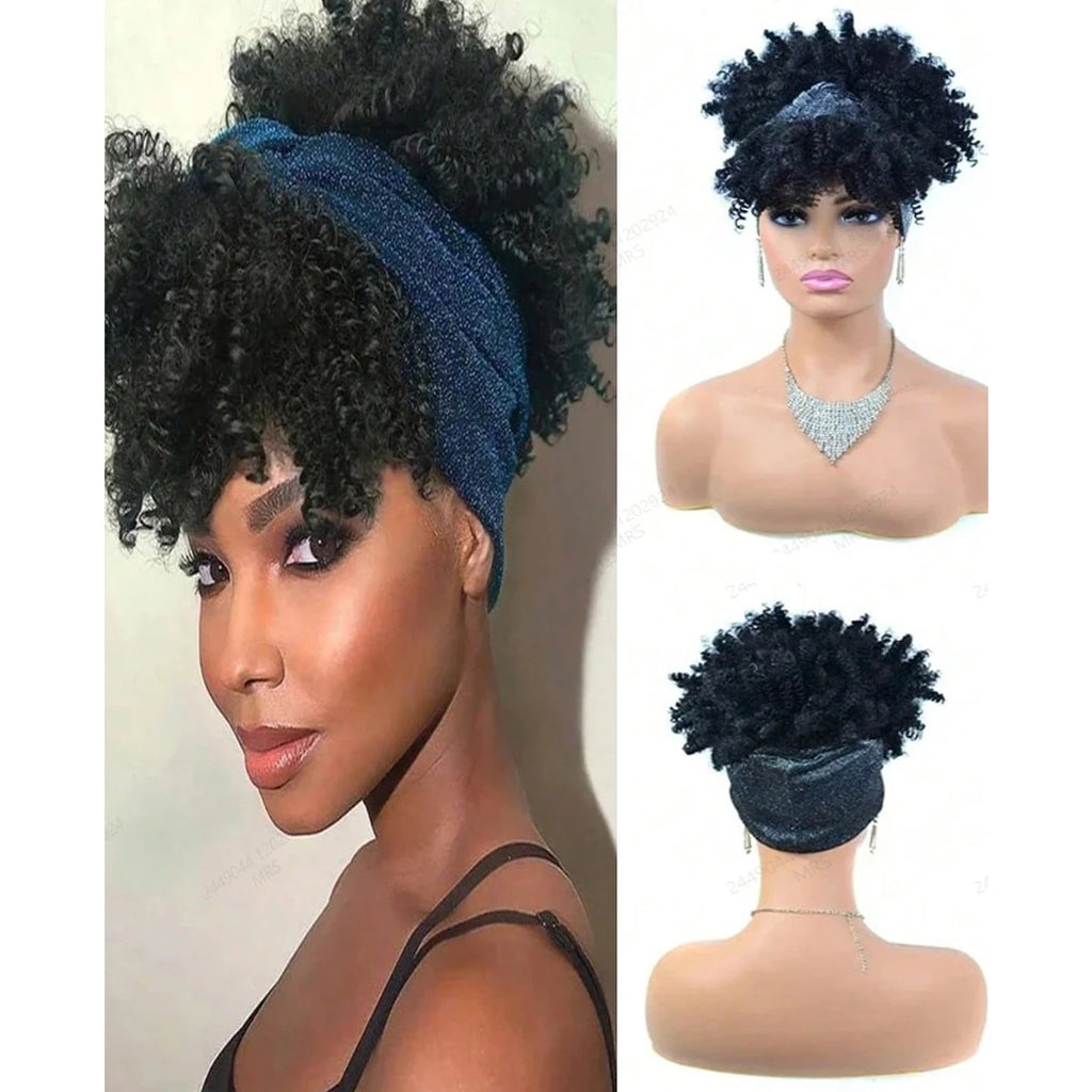 Black Headband Wigs For Women Afro Kinky Curly Wig With Synthetic Short Hair Wigs With Headband Attached Headwrap Wigs