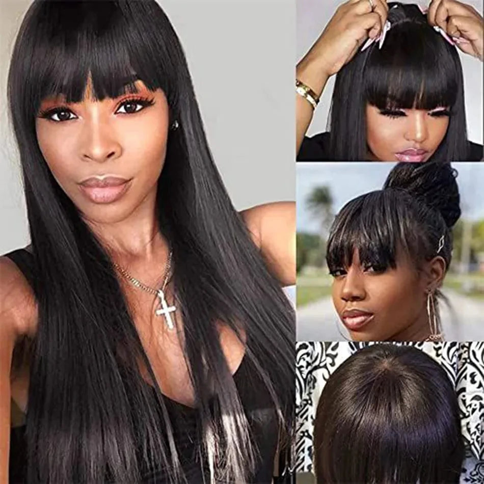 Straight Human Hair Wig Black Color Full Woven With Bangs 3x1 Lace Wig Straight Wigs Brazilian Full Machine Made Wigs For Women