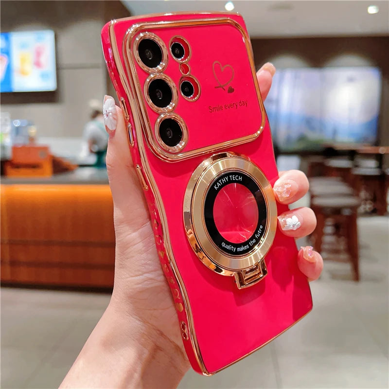 Rotatable Magnetic Kickstand Silicone Phone Case For Samsung S26 Ultra S25Edge S24/23FE S22 Plus Electroplating Love Heart Shell
