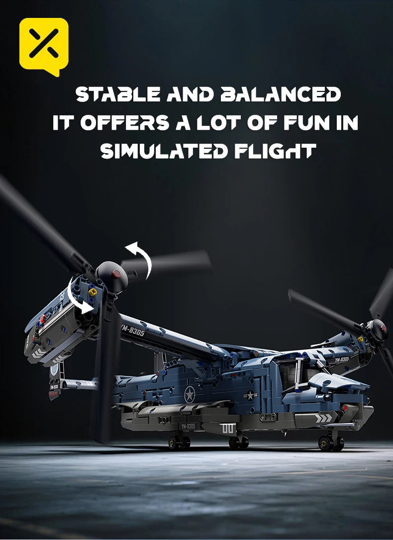 Military V-22 Osprey Tiltrotor Building Blocks Set Large Size High-Fidelity Sliding Roller Aircraft Model Propellers Bricks Toy