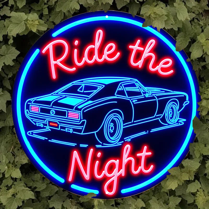 Vintage Muscle Car Neon Sign 7.8" Aluminum Wall Art - 'Night Ride' Blue & White Bar Cafe Beach Decor