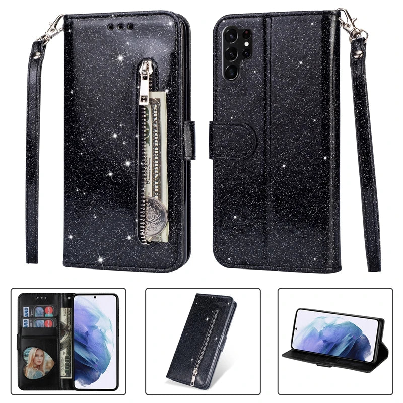 Wallet Glitter Zipper Flip Leather Case For Samsung Galaxy S25 Edge S24 S23 S22 Ultra S21/S20 FE A15 A16 A17 A35 A36 A54 A55 A56