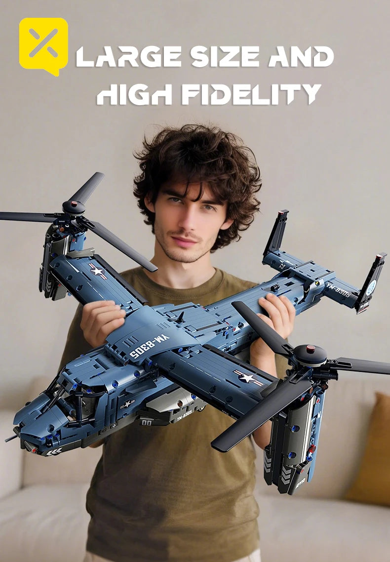 Military V-22 Osprey Tiltrotor Building Blocks Set Large Size High-Fidelity Sliding Roller Aircraft Model Propellers Bricks Toy