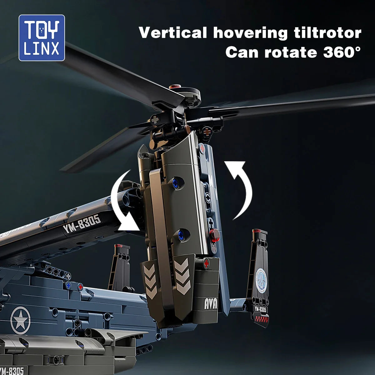 Military V-22 Osprey Tiltrotor Building Blocks Set Large Size High-Fidelity Sliding Roller Aircraft Model Propellers Bricks Toy
