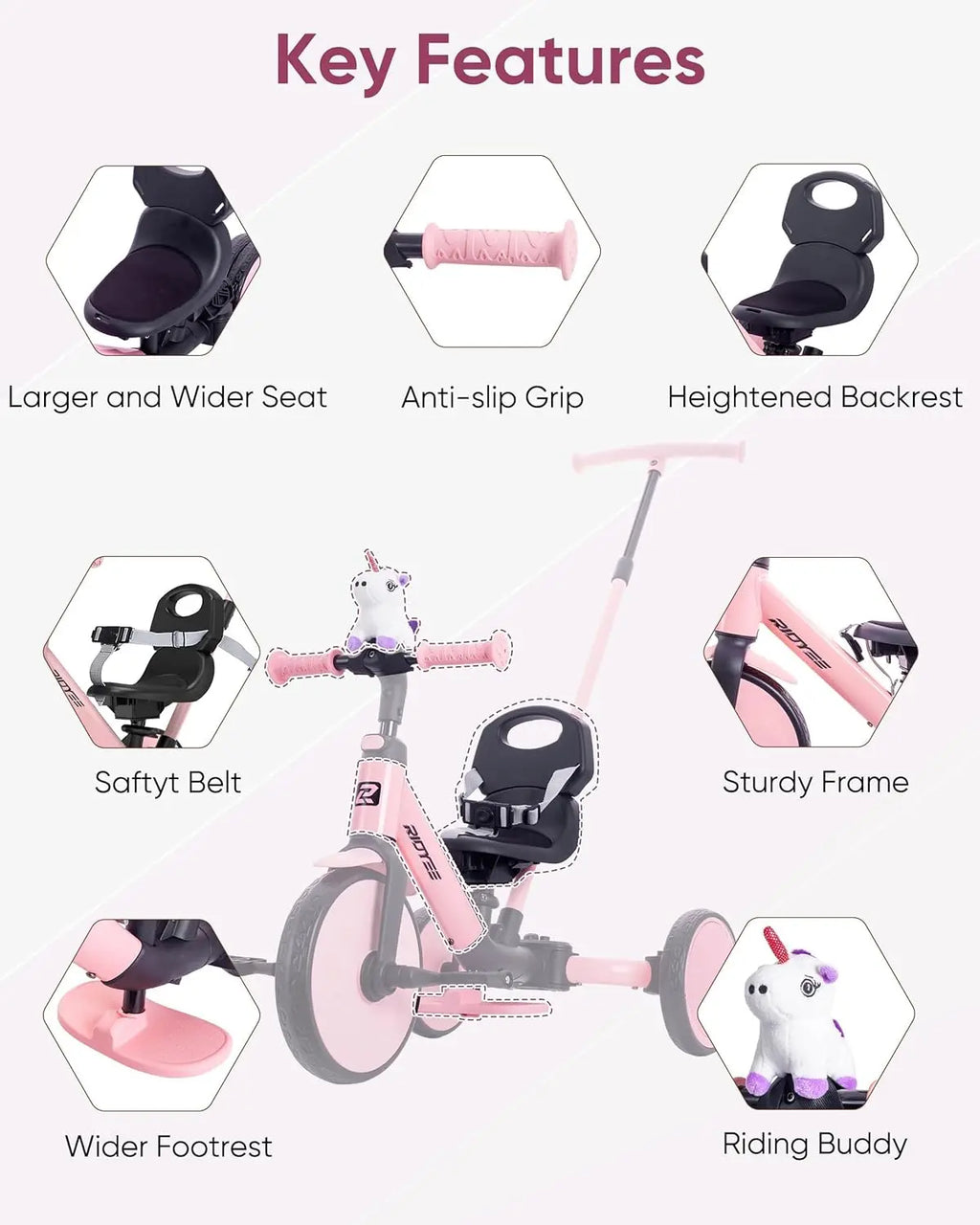 5-in-1 Convertible Kids Tricycle for Toddlers 1.5-3, Tool-Free Push Trike to Balance Bike with Safety Belt, Pink Ride-On Toy