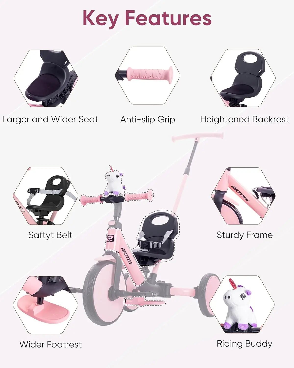 5-in-1 Convertible Kids Tricycle for Toddlers 1.5-3, Tool-Free Push Trike to Balance Bike with Safety Belt, Pink Ride-On Toy