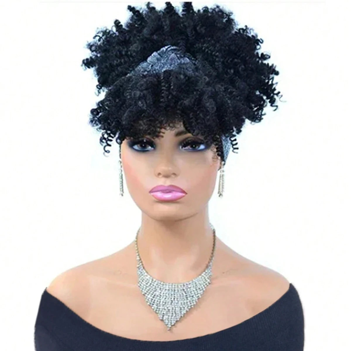 Black Headband Wigs For Women Afro Kinky Curly Wig With Synthetic Short Hair Wigs With Headband Attached Headwrap Wigs
