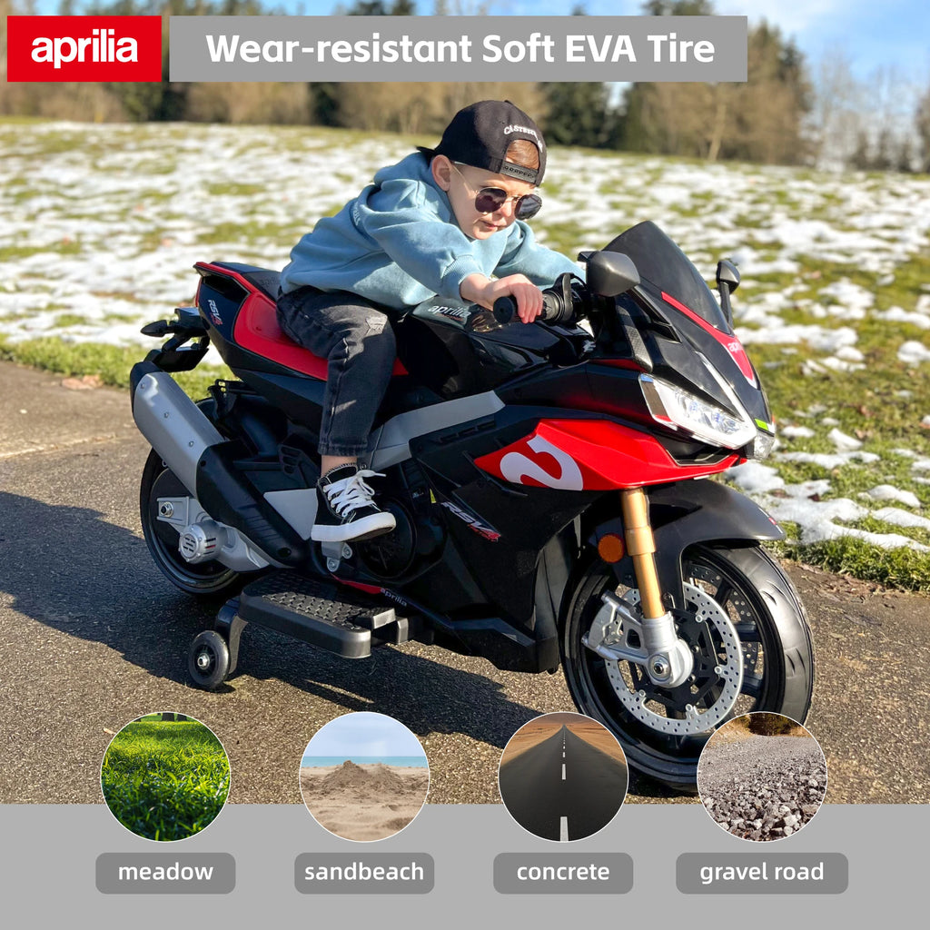 24V Kids Motorcycle Electric Motorbike Aprilia Licensed Ride on Toy w/LED Lights Bluetooth Music Battery Powered 10MPH
