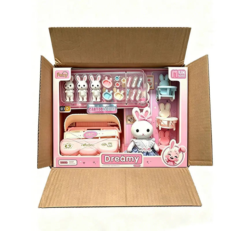 Dollhouse Furniture Miniature Bunny Nursery Pretend Play Set with Dolls & Stroller Kids Role Play Toy Toddlers Birthday Gifts