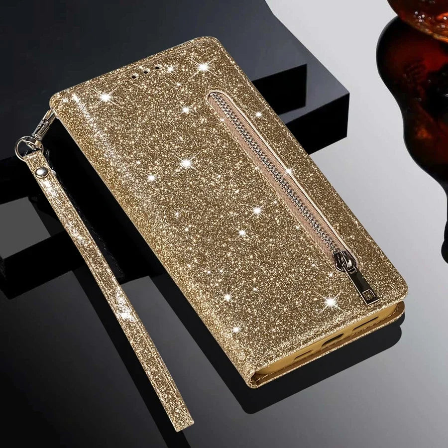 Wallet Glitter Zipper Flip Leather Case For Samsung Galaxy S25 Edge S24 S23 S22 Ultra S21/S20 FE A15 A16 A17 A35 A36 A54 A55 A56
