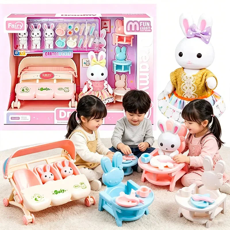 Dollhouse Furniture Miniature Bunny Nursery Pretend Play Set with Dolls & Stroller Kids Role Play Toy Toddlers Birthday Gifts