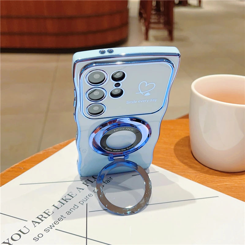 Rotatable Magnetic Kickstand Silicone Phone Case For Samsung S26 Ultra S25Edge S24/23FE S22 Plus Electroplating Love Heart Shell
