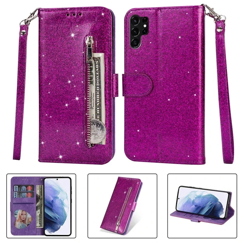 Wallet Glitter Zipper Flip Leather Case For Samsung Galaxy S25 Edge S24 S23 S22 Ultra S21/S20 FE A15 A16 A17 A35 A36 A54 A55 A56