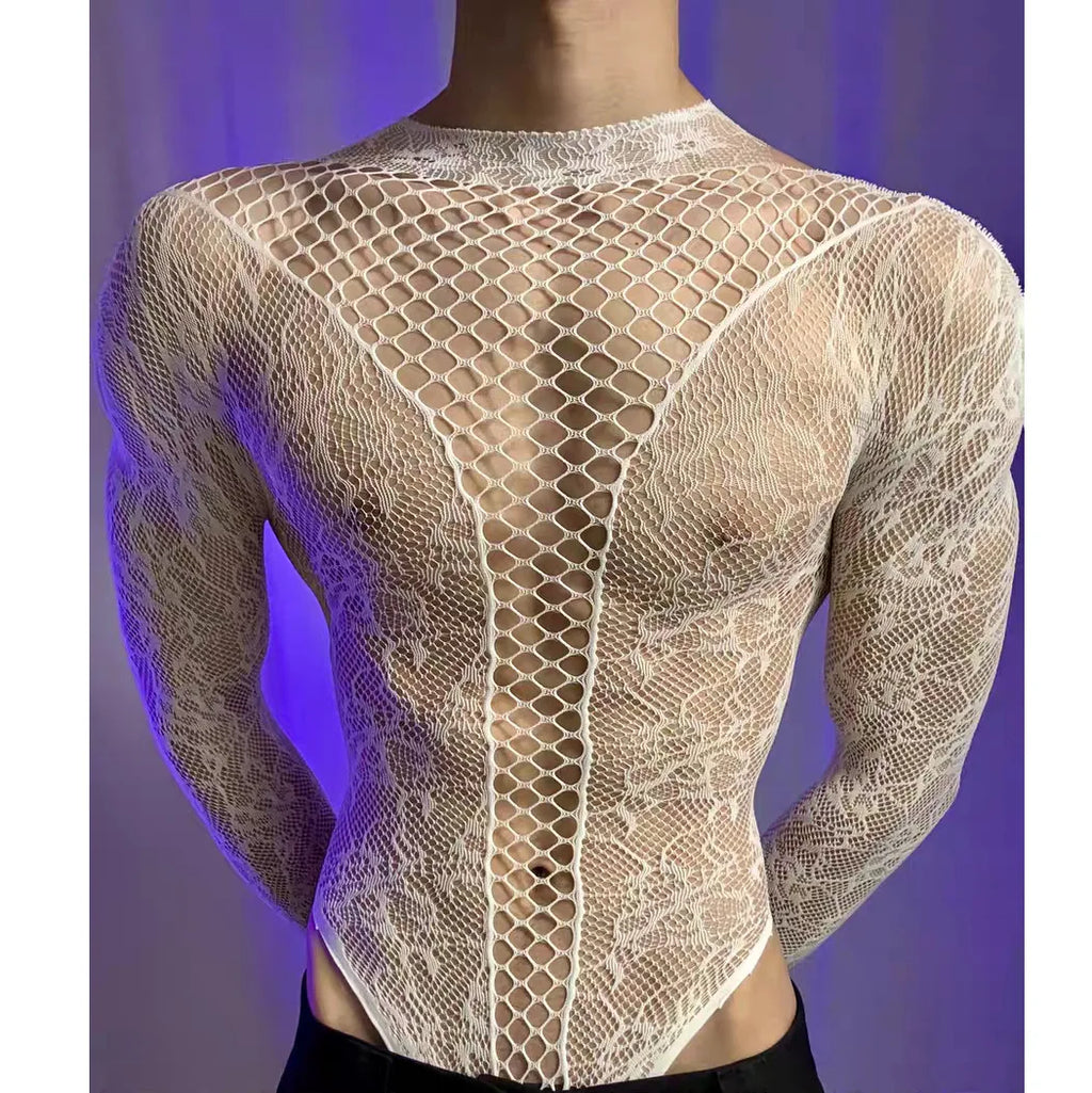 Summer Men's Mesh Tank Transparent Full Sleeves Round Neck T-shirt MenWomen Comfortable Breathable Bodysuit Trend Party Clothing