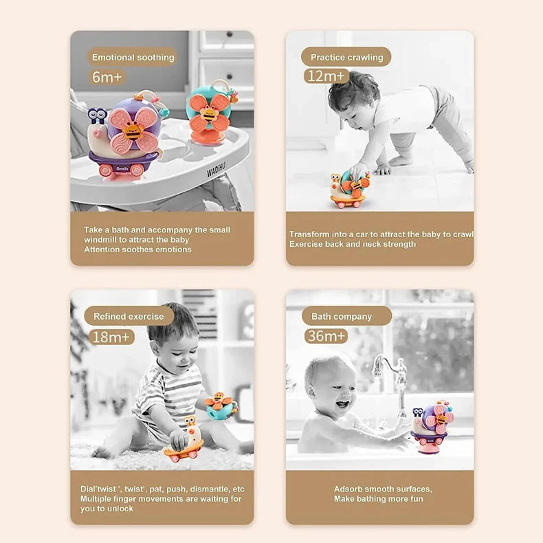 Snail Windmill Toys Car For Boys Girls Spinner Suction Cup Sensory Fine Motor Infant Travel Toys Montessori For Baby Newborn Gif