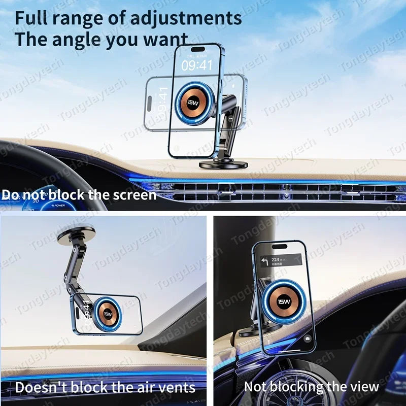 15W Car Magnetic Wireless Charger Holder 360 Rotation Metal Adjustable Angle in Car Stand For Iphone 15 14 13 12 Pro Max Samsung