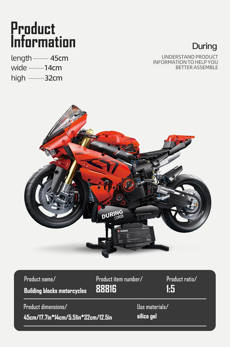 ToylinX 1:5 Motorcycle Building Blocks Set 2024pcs Technical Racing Super Motorbike Model Kids DIY Assembled Toys Gifts For Boys